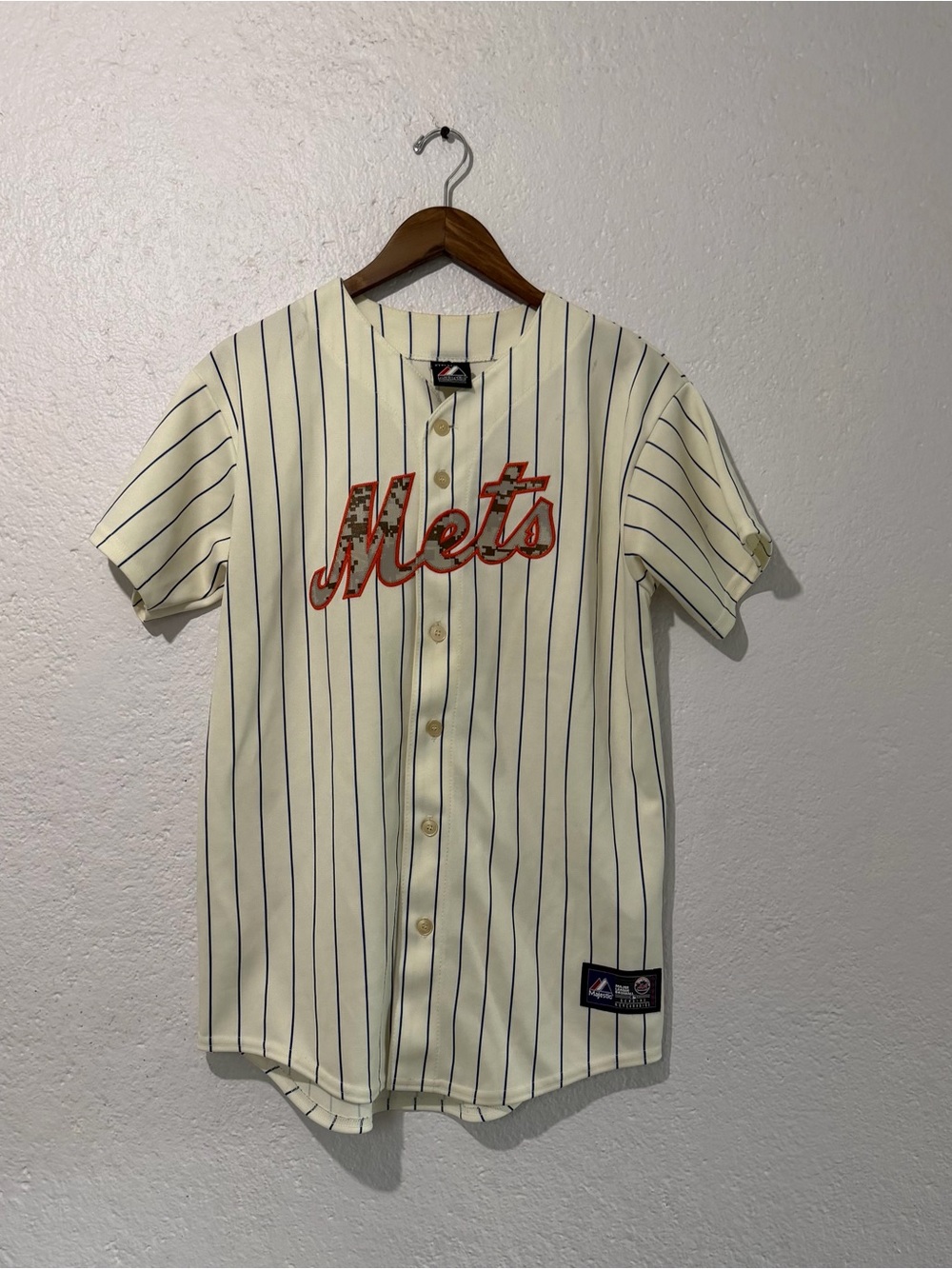 New York Mets Majestic Cream Pinstripe Wright Jersey - rare military logo